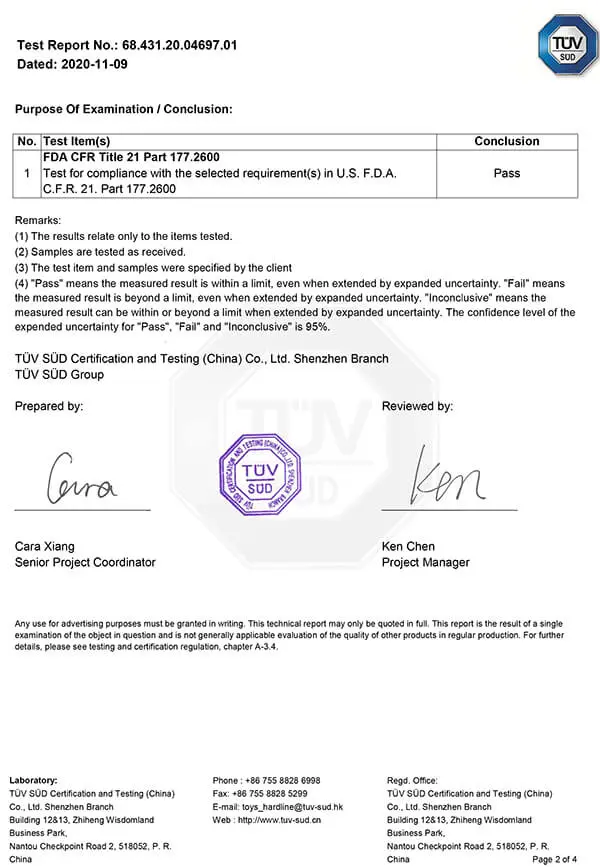 FDA Food Safe Test report