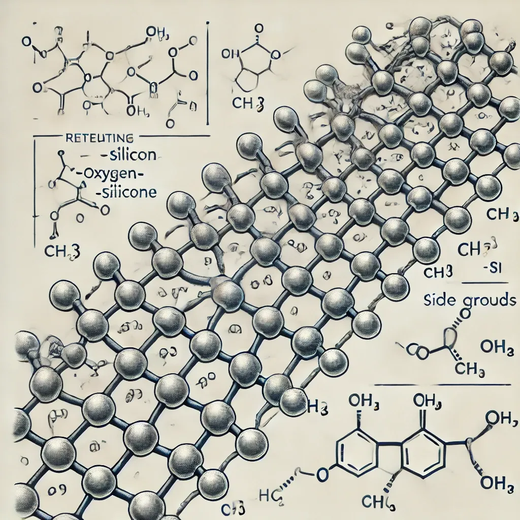 Abbildung der Molekularstruktur von Silikon, die das sich wiederholende si o si-Grundgerüst und die Methyl-Seitengruppen zeigt