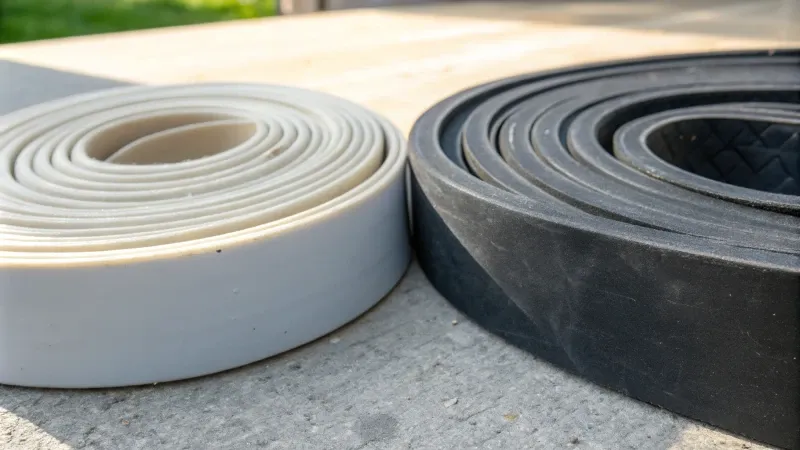 Close-up of a white and a black rolled rubber mat on a concrete surface.