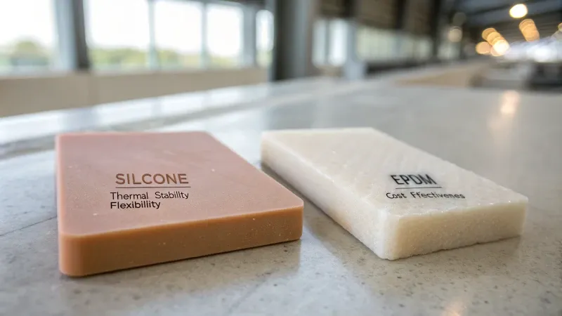 Nahaufnahme von zwei Materialmustern mit der Bezeichnung Silikon für thermische Stabilität und Flexibilität und EPDM für Kosteneffizienz.