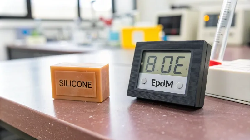 Bloc de silicone étiqueté "SILICONE" à côté d'un appareil numérique affichant "8.0E" sur un compteur de laboratoire.
