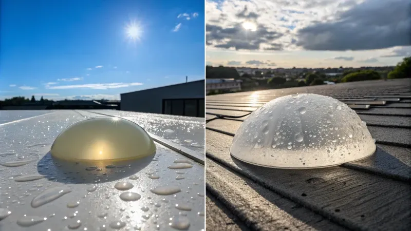 Deux images montrant des gouttes d'eau sur des structures translucides en forme de dôme sur des toits, avec un ciel bleu et des nuages en arrière-plan.