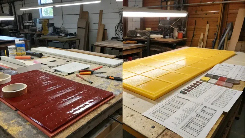 Un atelier avec des outils, des moules rouges et jaunes, des papiers et des matériaux sur des tables.